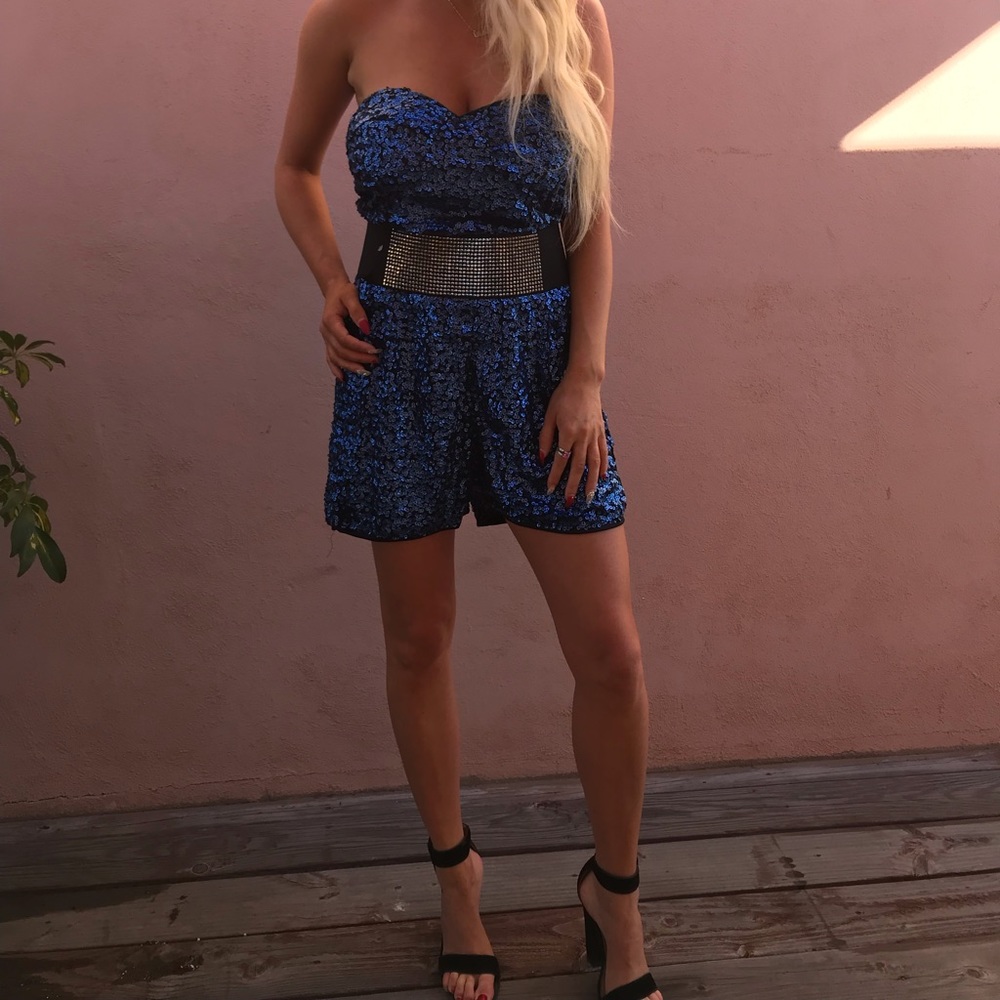 Sara boo blue strapless sequin romper